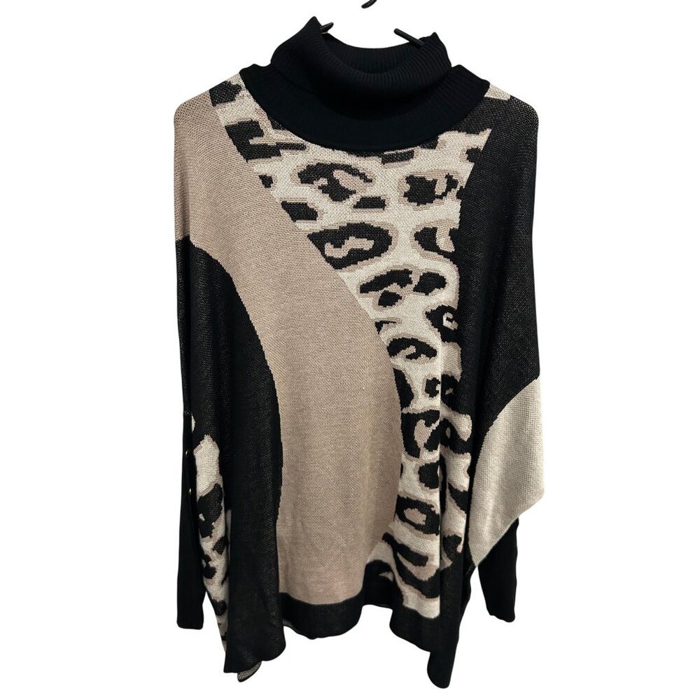 Joseph A Animal Print Turtleneck Button Sleeve Poncho Sweater Chic